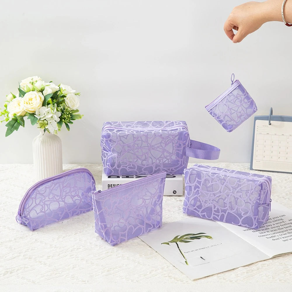 Heart-Shaped Nylon Mesh Cosmetic Bag Portable Toiletry Organizer for Women Makeup Storage