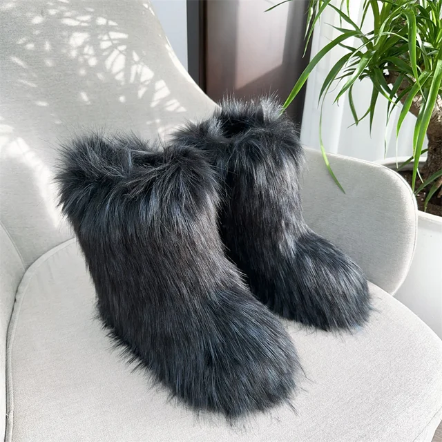 Botas de nieve de mapache para mujer, zapatos de media caña para exteriores, nuevas botas de invierno de una pieza 