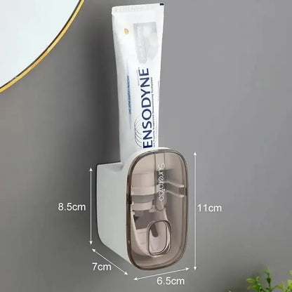 1 dispensador de pasta de dientes, accesorio de baño, exprimidor de pasta de dientes de pared, soporte para cepillo de dientes.