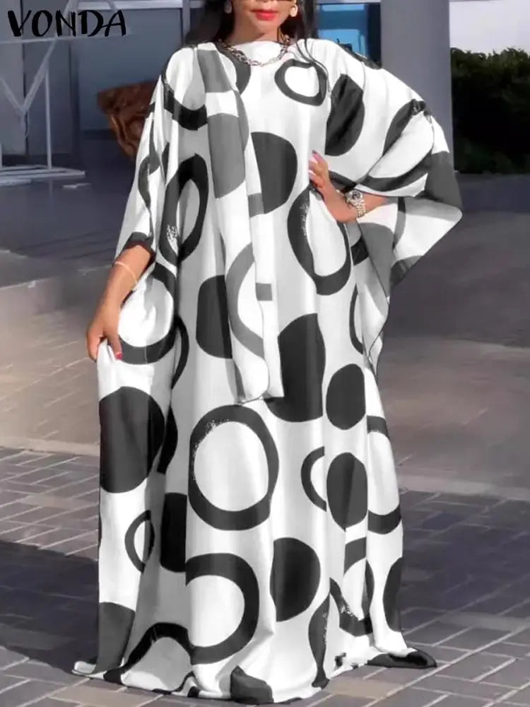 Vonda-vestido maxi estampado feminino, vestido longo boêmio, 3/4 de manga de taco, casual solto, plissado, grandes dimensões, tamanho grande, outono, 2024