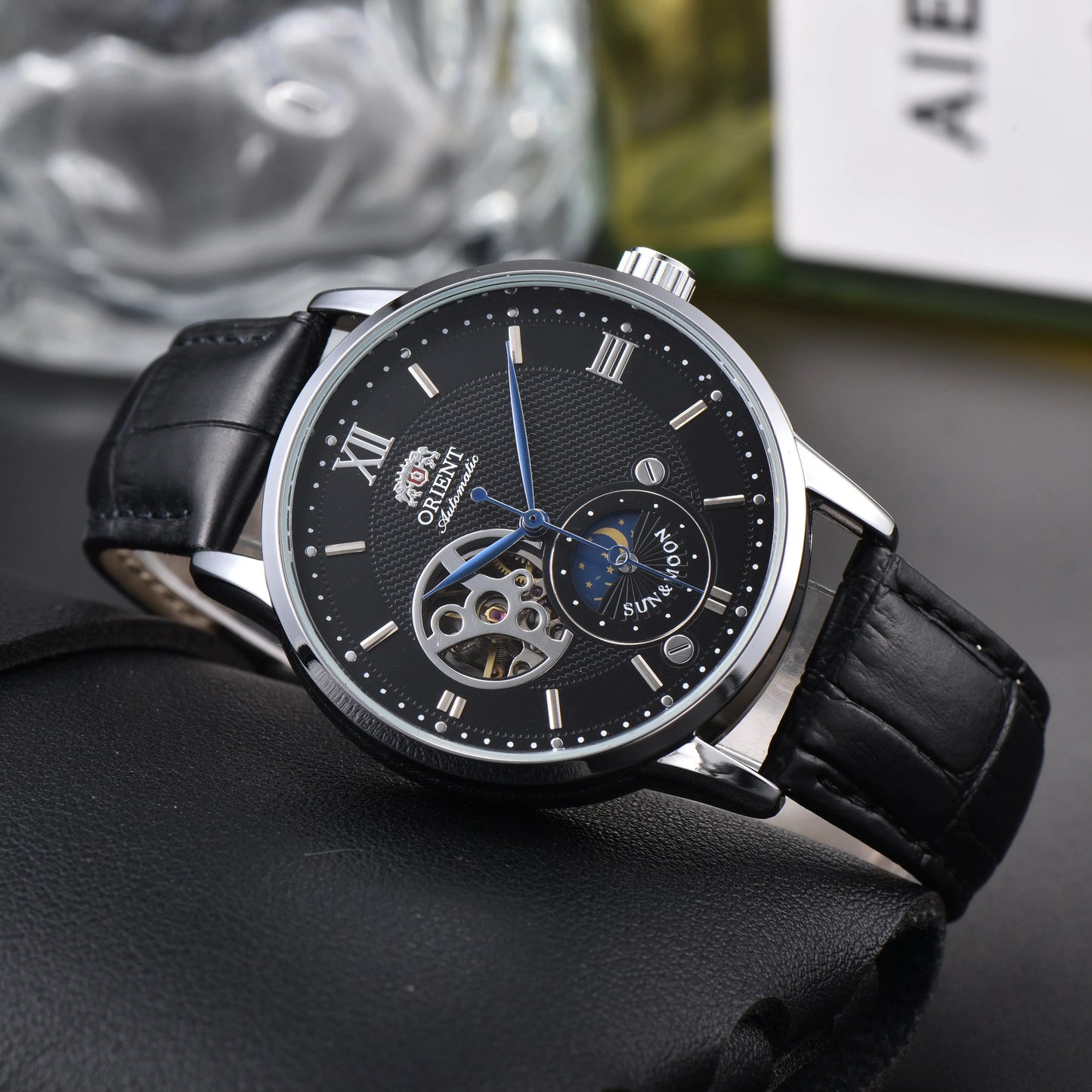 Orient Sun & Moon Semi Skeleton Automatic Watch Men's White Dial Black Leather Strap Sapphire Crystal 50M Waterproof Dress Watch