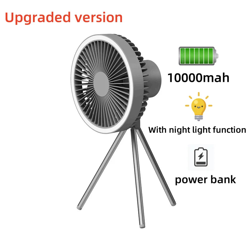 2024 New Portable Tripod Camping Fan 10000mAh USB Rechargeable Multifunctional Mini Outdoor Tent Wireless Ceiling Electric Fan