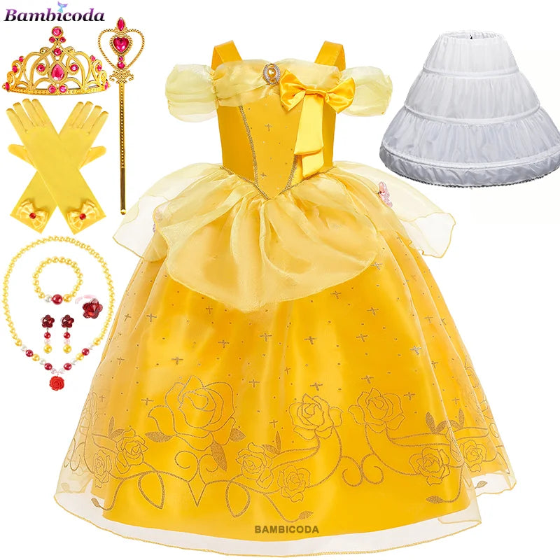 2025 Cosplay Belle Princess Dress Girls Dresses For Beauty and beast Party Clothing Magic stick crown Costume 3-12Y