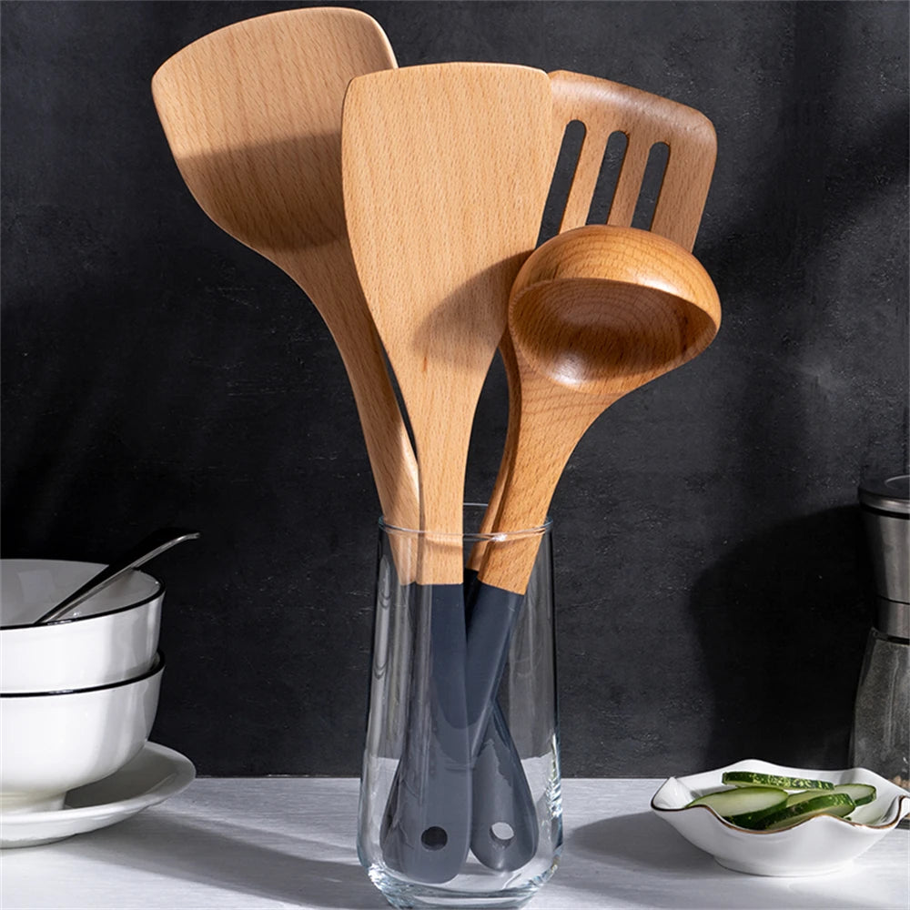 Espátula de madera con mango largo para cocinar, antiadherente, para saltear, resistente al calor, para el hogar, accesorio de cocina