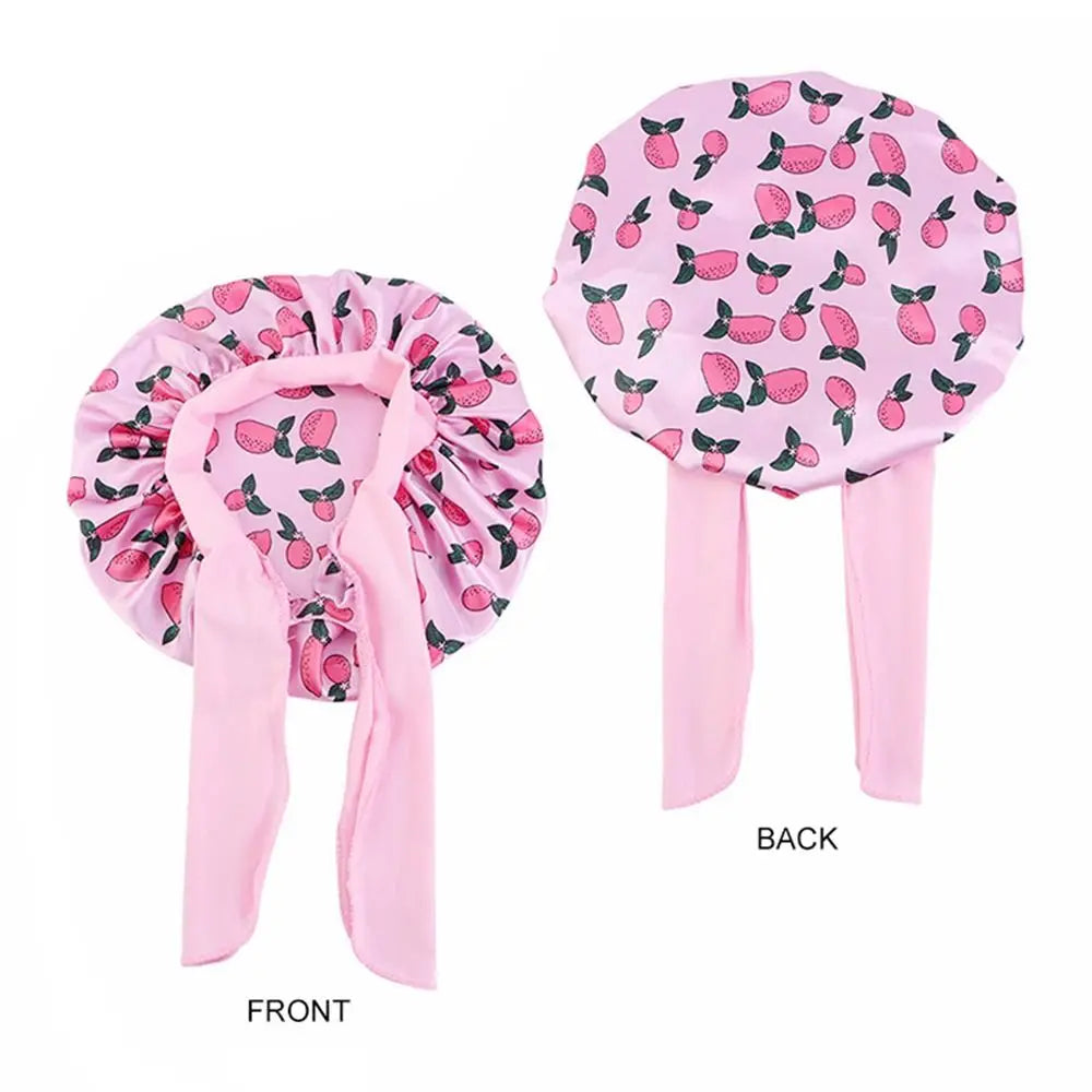 Kids Satin Bonnet Sleep Hat Silk Shower Cap for Child Hair Beanie At Night Boy Girls Flower Printed Silk Sleep Cap with Band Bow