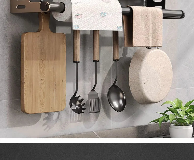 Gunmetal Space Aluminum Kitchen Storage Rack - No-Drill Wall Mounted Multi-Functional Organizer for Spice Jars and Knives