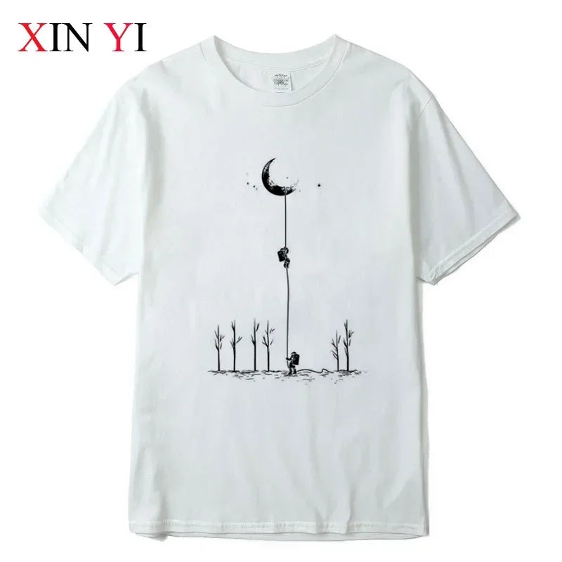Summer Men's High Quality 100% Cotton Cool Funny Astronaut Print Casual Loose O-neck for Men T-shirt Male T-shirt Hip Hop Tee