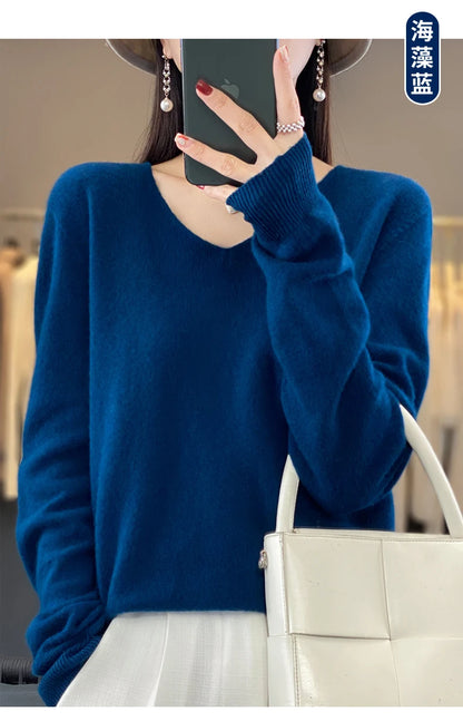 Suéter básico de otoño-invierno 2024 para mujer, 100 % lana merino, cuello en V, tejido de punto liso, jersey de oficina para mujer, manga larga, cachemir.