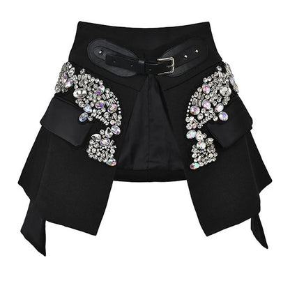 EAM - Minifalda negra con cinturón y pedrería irregular, cintura alta, para mujer, tendencia de moda, primavera otoño 2025, JY75801
