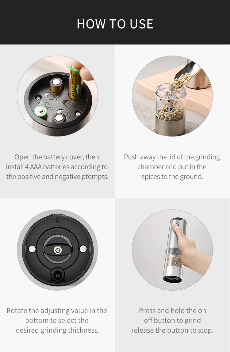 Molinillo eléctrico automático de pimienta y sal con luz LED, molinillo de aspereza ajustable, herramientas de cocina
