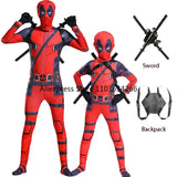 Adult Deadpool Costume Men Women Kids Cosplay Mask Suit Jumpsuit Backpack Knife Accessories Superhero Halloween Costume Child