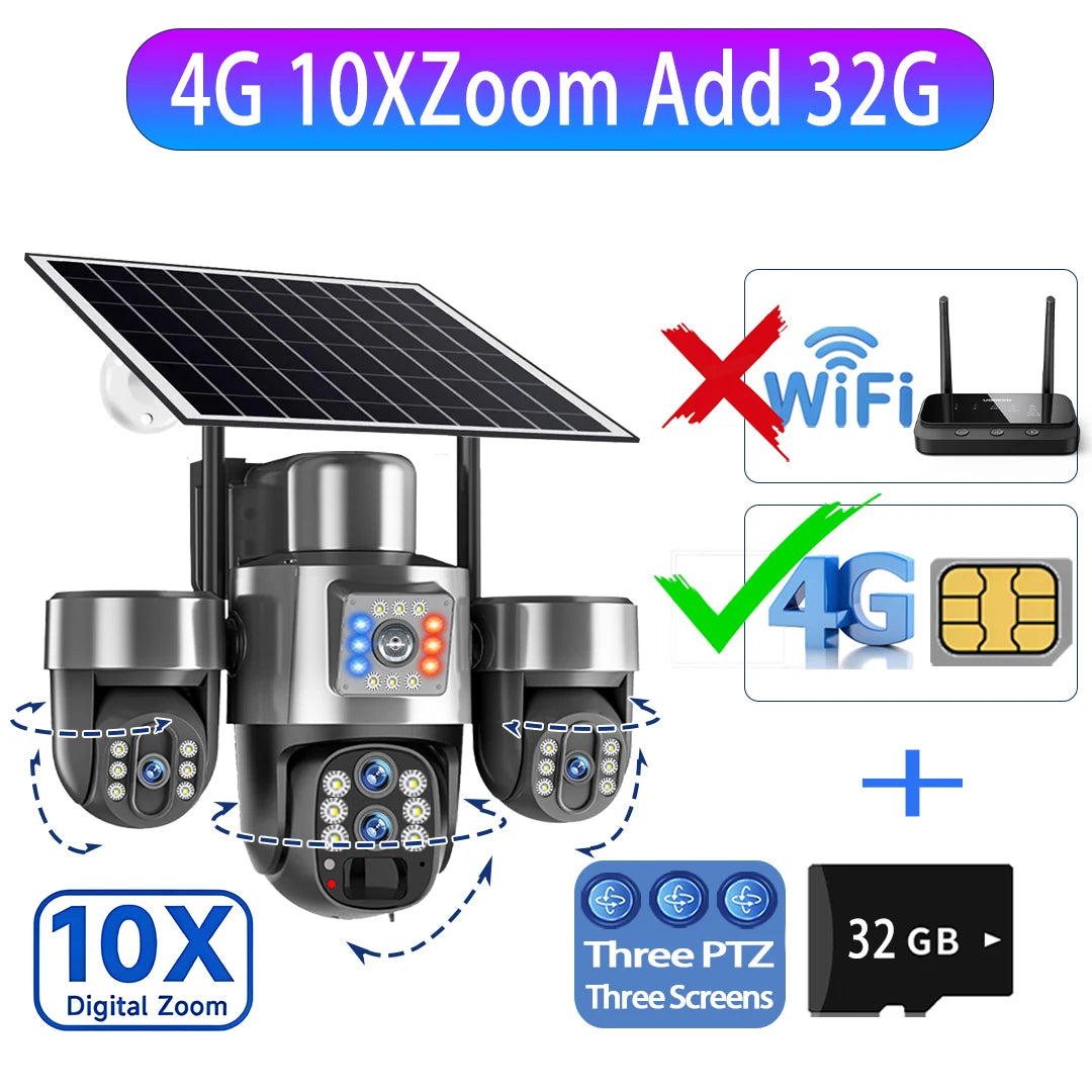 20MP 4G Sim Solar Camera WiFi 10X Optical Zoom 3-PTZ 4-Lens 3-Screens Outdoor Wireless Security Cameras Auto Tracking CCTV V380