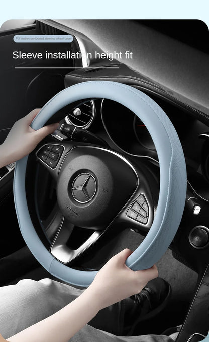 Napa Leather Perforated Patchwork Car Steering Wheel Cover, Non-slip, Breathable, Universal 15 Inch (Approx. 38cm)