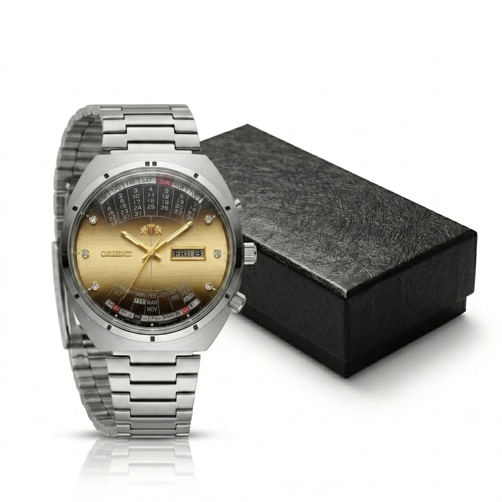 Relógio masculino automático vintage com calendário perpetuo em aço inoxidável