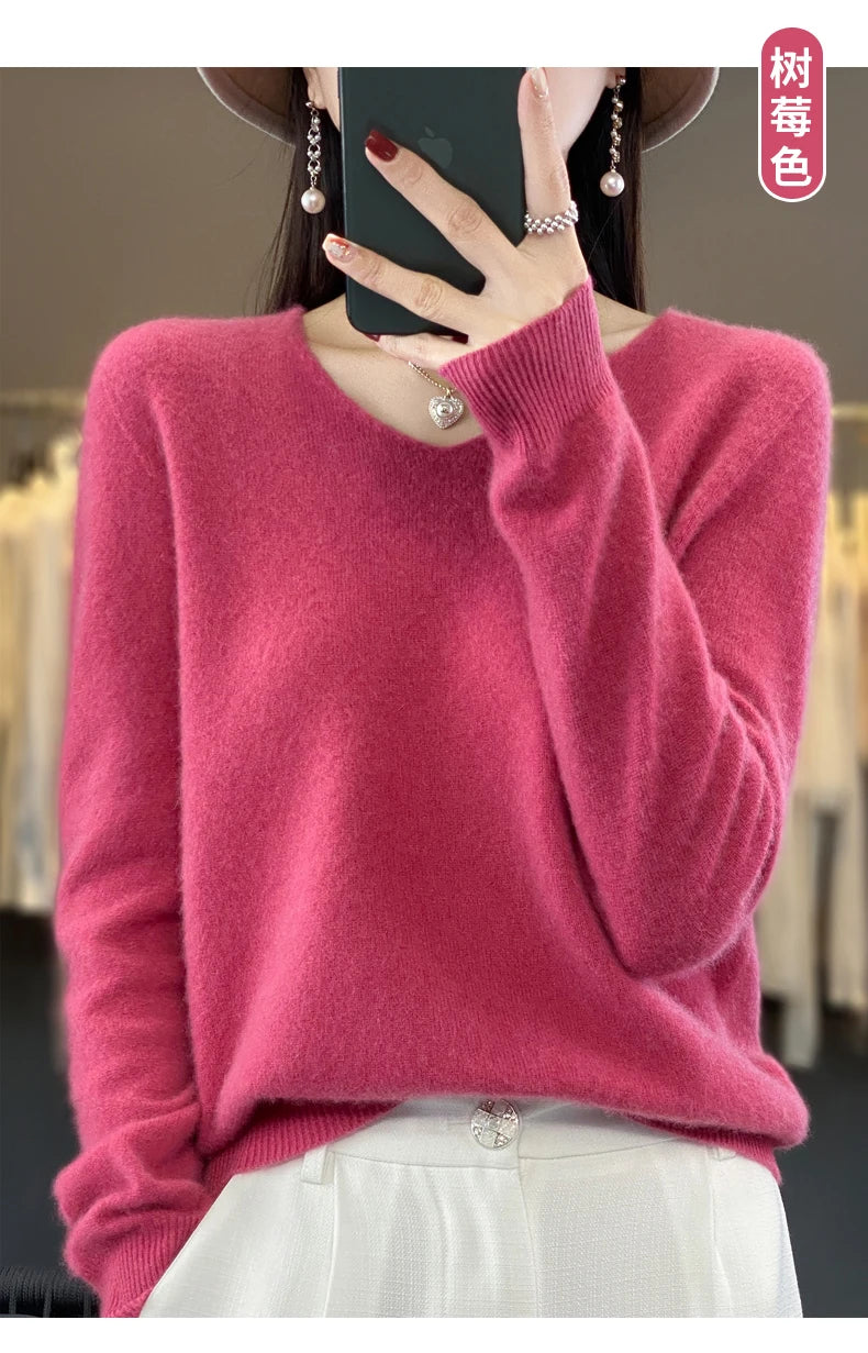 Suéter básico de otoño-invierno 2024 para mujer, 100 % lana merino, cuello en V, tejido de punto liso, jersey de oficina para mujer, manga larga, cachemir.