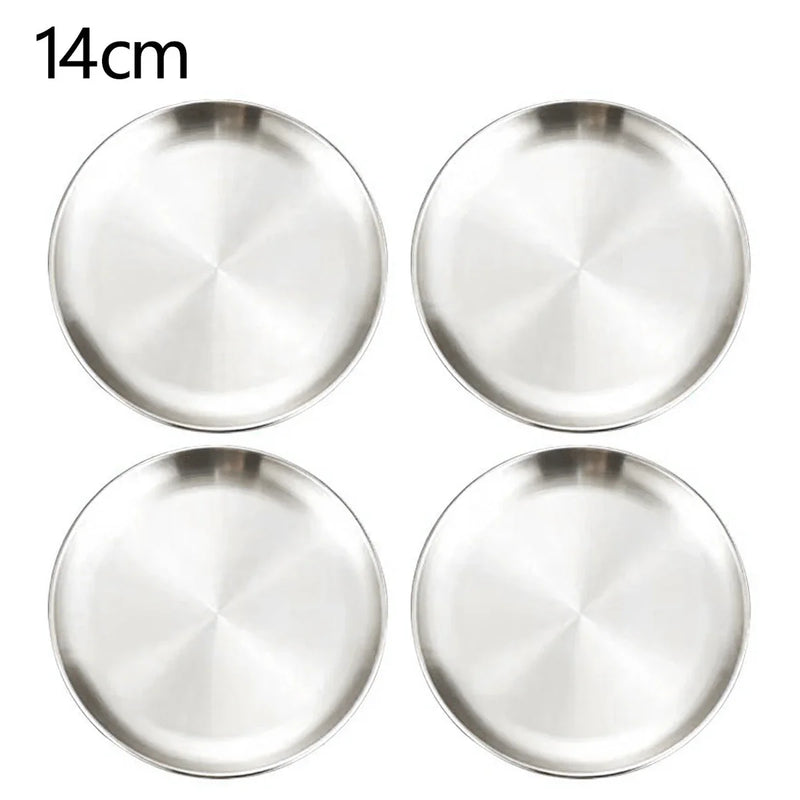 4Pcs Stainless Steel Round Plate Bone Spitting Dish Shallow Tray Metal Camping Plate Dining Disc BBQ Picnic Dishes Cookware
