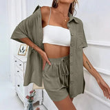 2 Pieces Women Sets Summer Solid Color Short Sleeve Open Stitch Button Blouse+Shorts Casual Women's Set Clothing