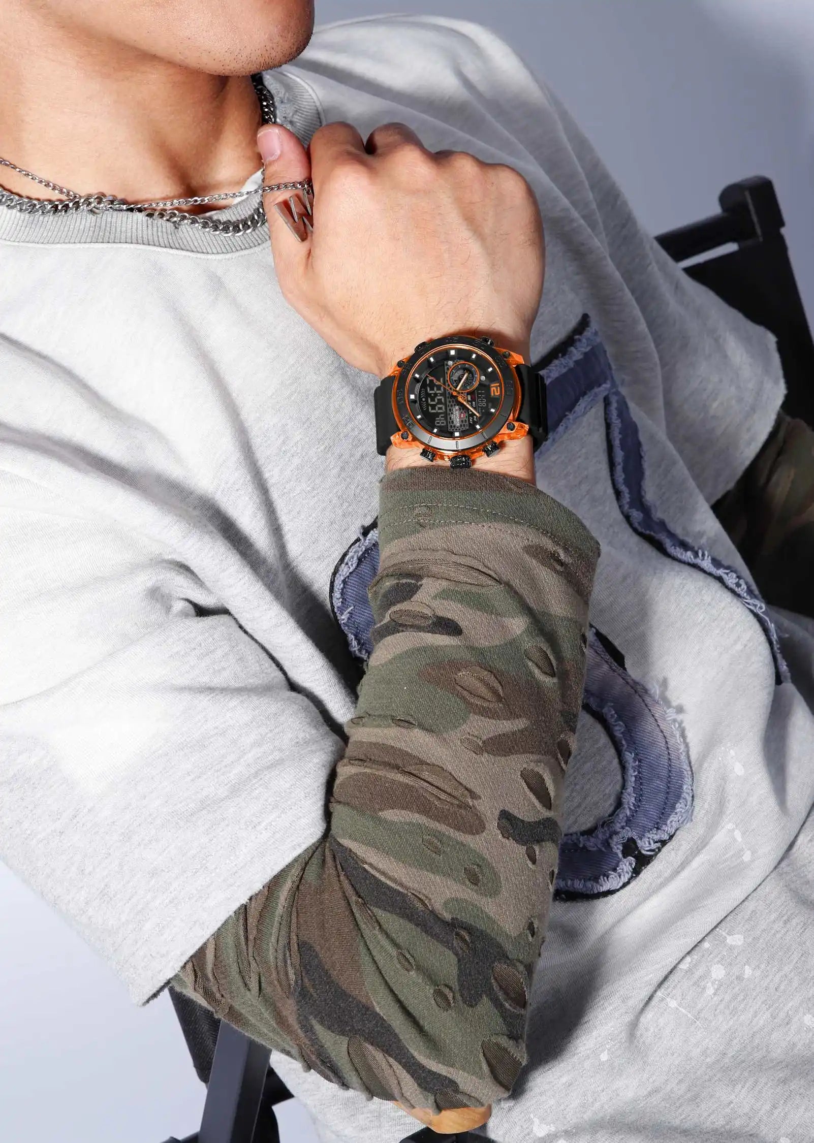 NAVIFORCE NF6104 Men's Lightweight Sports Wrist Watch Dual Display Time Night Light Watches Boy's Quartz Stopwatch