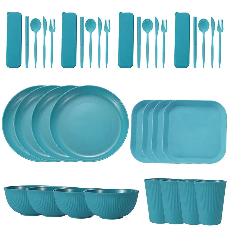 36pcs Plate Sets Wheat Straw Eco-Friendly Ramen Bowl Tableware Dinner Dishes Set Camping Tableware Set With Knife Fork Spoon
