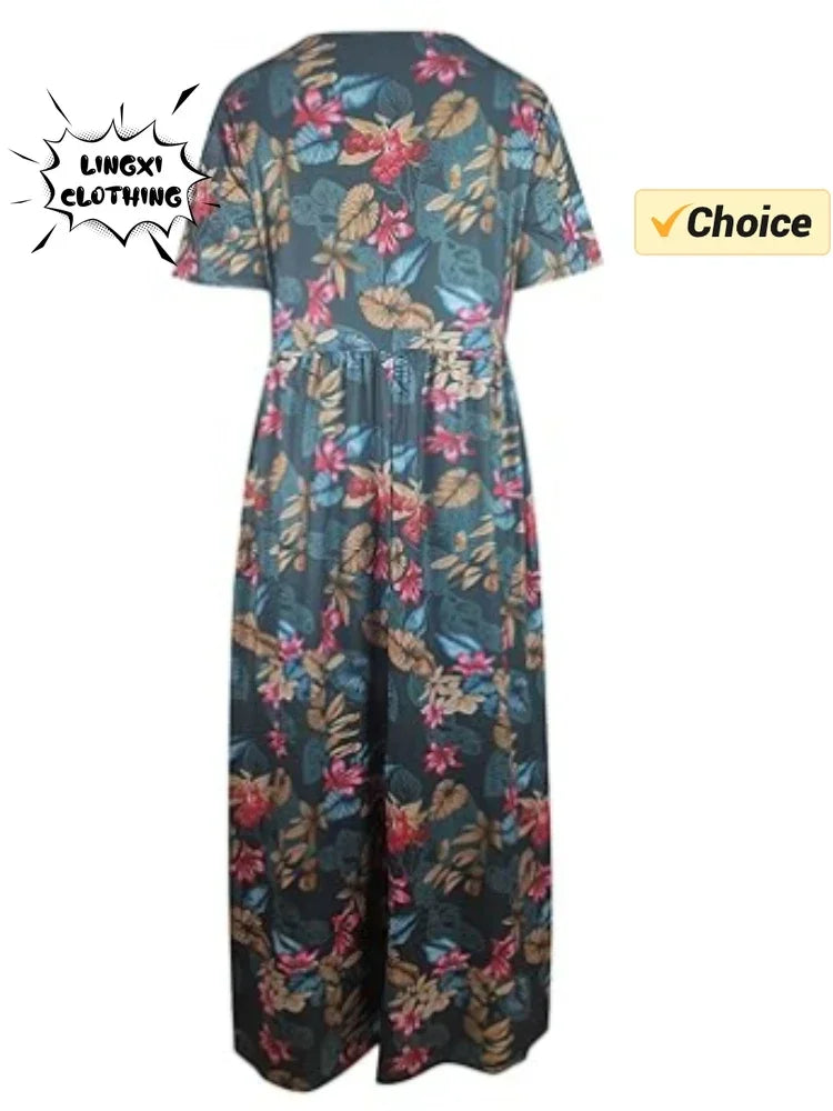 Vestido de festa elegante 2024 feminino elegante plus size saia solta em torno do pescoço manga curta retro impressão casual vestido longo feminino