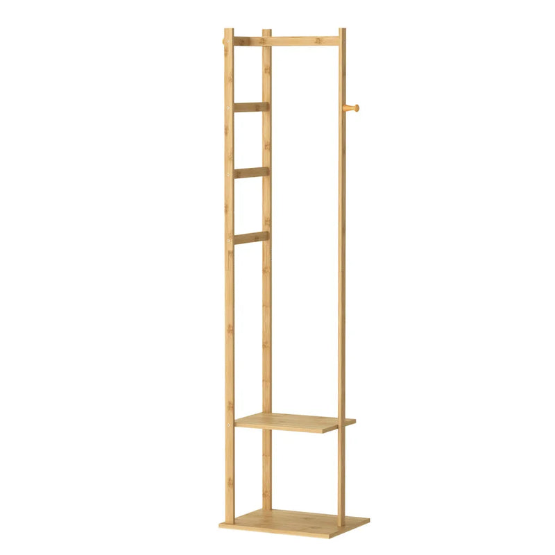 Heavy Duty Bamboo Coat Stand Freestanding Corner Clothes Rack with Hook and Shelves