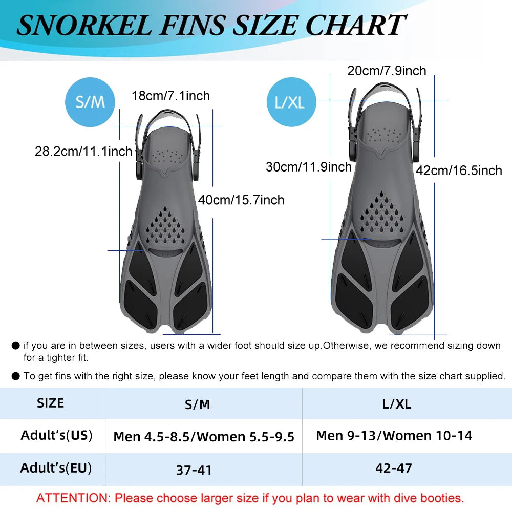 Aletas de snorkel con hebillas ajustables, aletas de natación cortas de silicona, zapatos de buceo con tacón abierto, talla de viaje, para adultos, hombres y mujeres