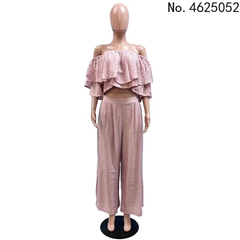 Conjunto elegante de dos piezas con top corto con volantes y hombros descubiertos y pantalones de pierna ancha para playa, conjunto sexy de verano