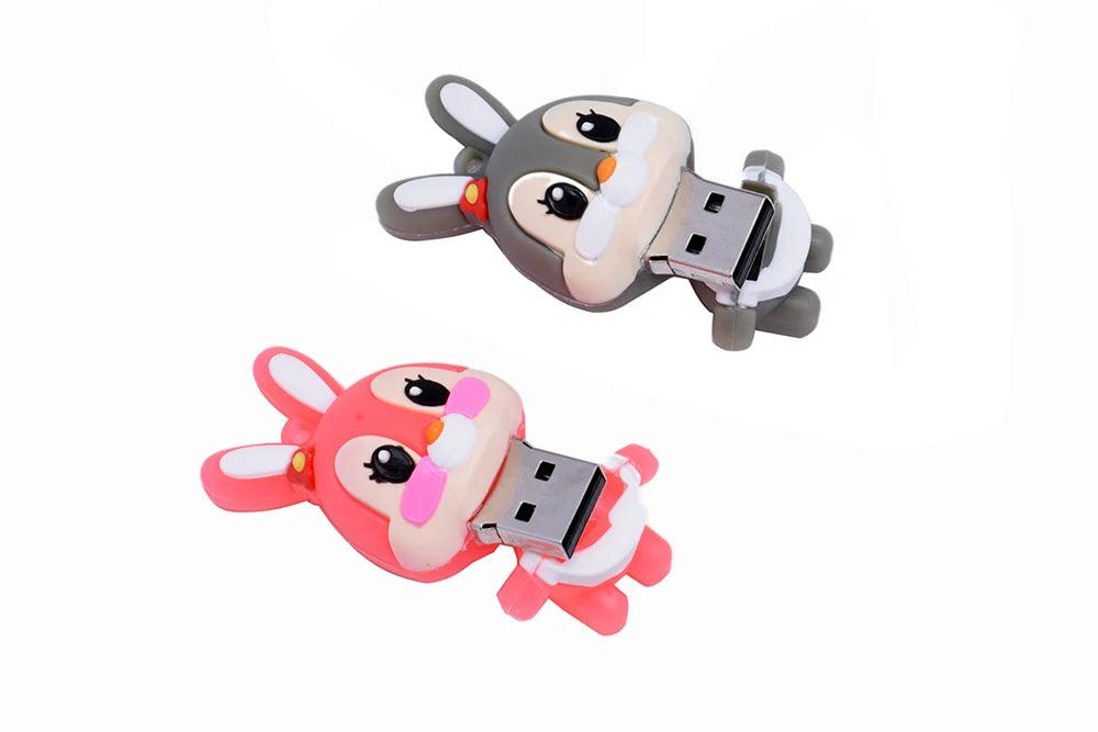 Lovely Rabbits USB Flash Drive 64GB Cartoon Pink Memory Stick 32GB Creative Gift Pen Drive 16GB Free Key Chain External Storage