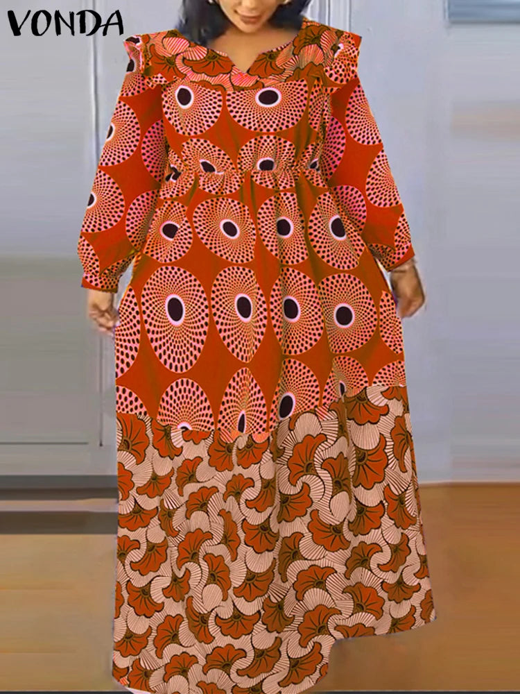 Vestido largo con estampado bohemio VONDA de talla grande 5XL para mujer, manga larga tipo farol, elegante, cuello en V, para vacaciones