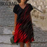 Plus Size 6XL Women's Fashion Geometric Pattern Print Short Dress Summer Casual V-Neck Short Sleeve Elegant Loose Mini Dresses