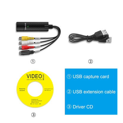 Tarjeta de captura de video USB Easy Cap VHS VCR Mini DV Hi8 Convertidor de DVD a digital RCA/S-video a USB 2.0 Captura de audio y video