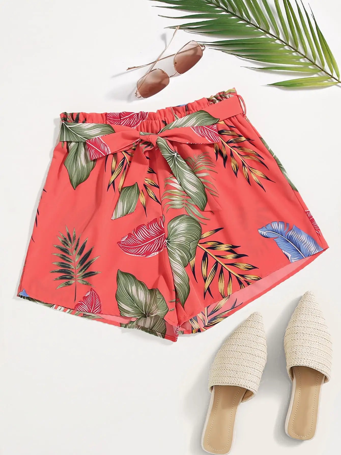 Women's Plus Size Tropical Leaf Print Paperbag Waist Shorts, Tie Belt Loose Wide Leg Chiffon Vacation Beach Casual Shorts