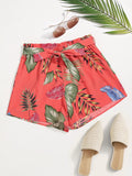 Women's Plus Size Tropical Leaf Print Paperbag Waist Shorts, Tie Belt Loose Wide Leg Chiffon Vacation Beach Casual Shorts