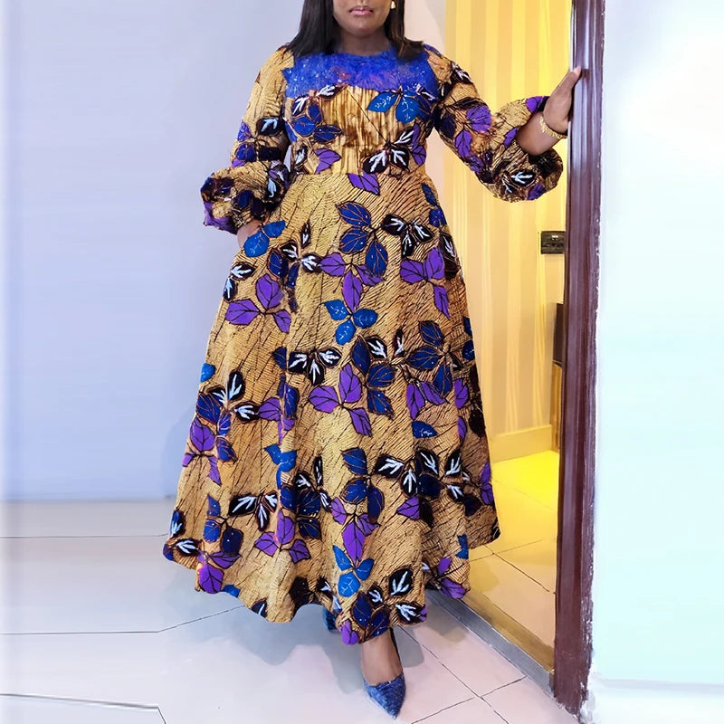 Plus Size VONDA Women Bohemian Maxi Dresses 2024 Casual Floral Printed Sundress Lace Patchwork Round Neck Elegant Robe Vestido