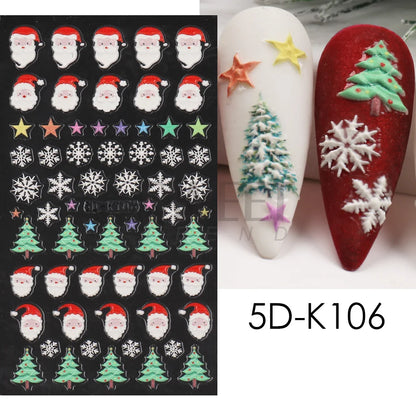 5D Red Christmas Nail Stickers Glitter Embossed Snowflake Gloves Feather Bulb Bells Winter Xmas DIY Engraved Manicure Decoration