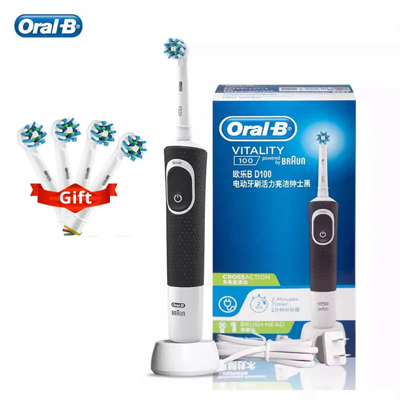 Cepillo de dientes eléctrico Oral B Vitality Cross Action recargable con temporizador de 2 minutos y rotación para dientes blancos y limpios. Cepillo blanco y negro.