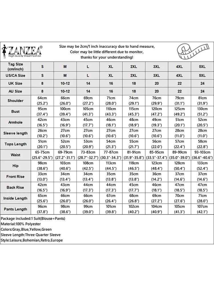 2PCS Fashion Women Tracksuits ZANZEA Spring Pant Sets 3/4 Sleeve Blouse Wide Leg Trousers Suit Casual Outfit Print Matching Set