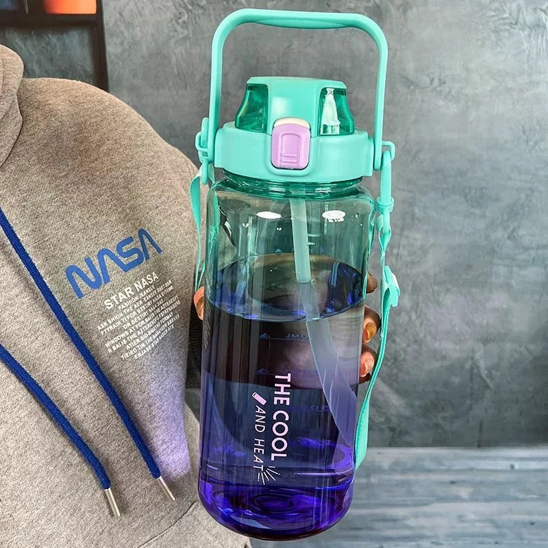 2000ml High Quality Sport Water Bottle With Straw Gym Fitness Outdoor Camping Cycling Hiking Drinking Plastic Bottles With Strap