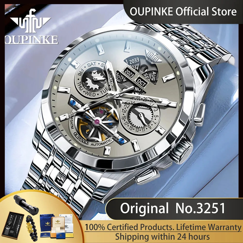 OUPINKE 3251 Skeleton Flywheel Automatic Watch for Men Stainless Steel Waterproof Wristwatch Luxury Sapphire Mirror Men's Watch