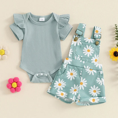 Pudcoco Infant Baby Girls Shorts Set, Short Sleeve Romper with Flower Print Suspender Shorts Summer Outfit 0-18M