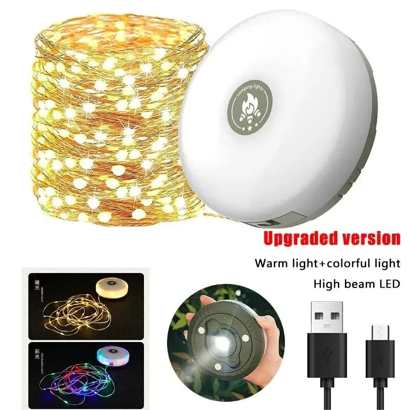 Multifuncional 4 em 1 design luz de acampamento corda usb recarregável ao ar livre tenda decoração luz xte lanterna led com gancho magnético
