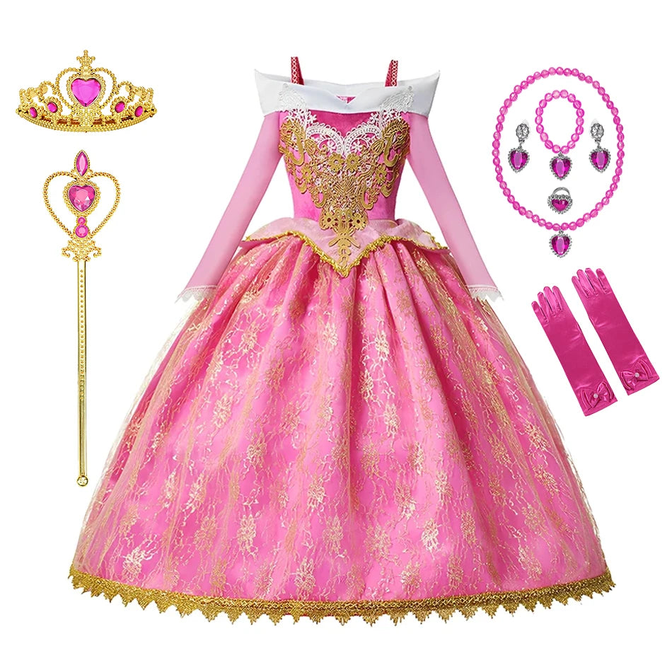 Girls Sleeping Beauty Aurora Cosplay Princess Dress Kids Rapunzel Frozen Elsa Cinderella Costume Party Clothing 2-10 Years