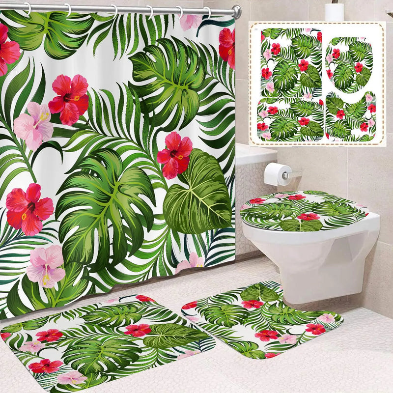 VIKAMA Tropical Plant Leaves Shower Curtain Set  Monstera Print Pattern Green Palm Leaf  Home Decor Bath Mat Toilet Lid Cover