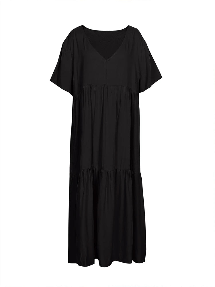 Plus Size 2025 Summer New V-neck Short Sleeve Pleated Solid Colour Loose Casual Midi Dress Basic Hem Pleated
