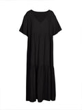 Plus Size 2025 Summer New V-neck Short Sleeve Pleated Solid Colour Loose Casual Midi Dress Basic Hem Pleated