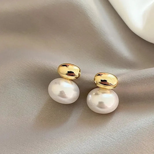 Stainless Steel Coral Imitation Pearl Round Earrings, Small Charm, Gold Plated, Platinum Plated, Daily Jewelry