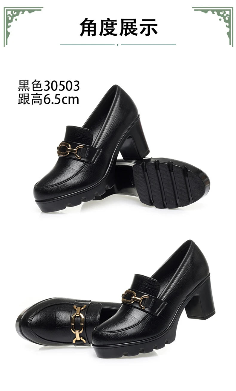 Zapato de piel suave negro para mujer, tacón de bloque 2024, plataforma gruesa, modelo oficina, trabajo, tacones altos de 6,5 cm y 8 cm, Grace