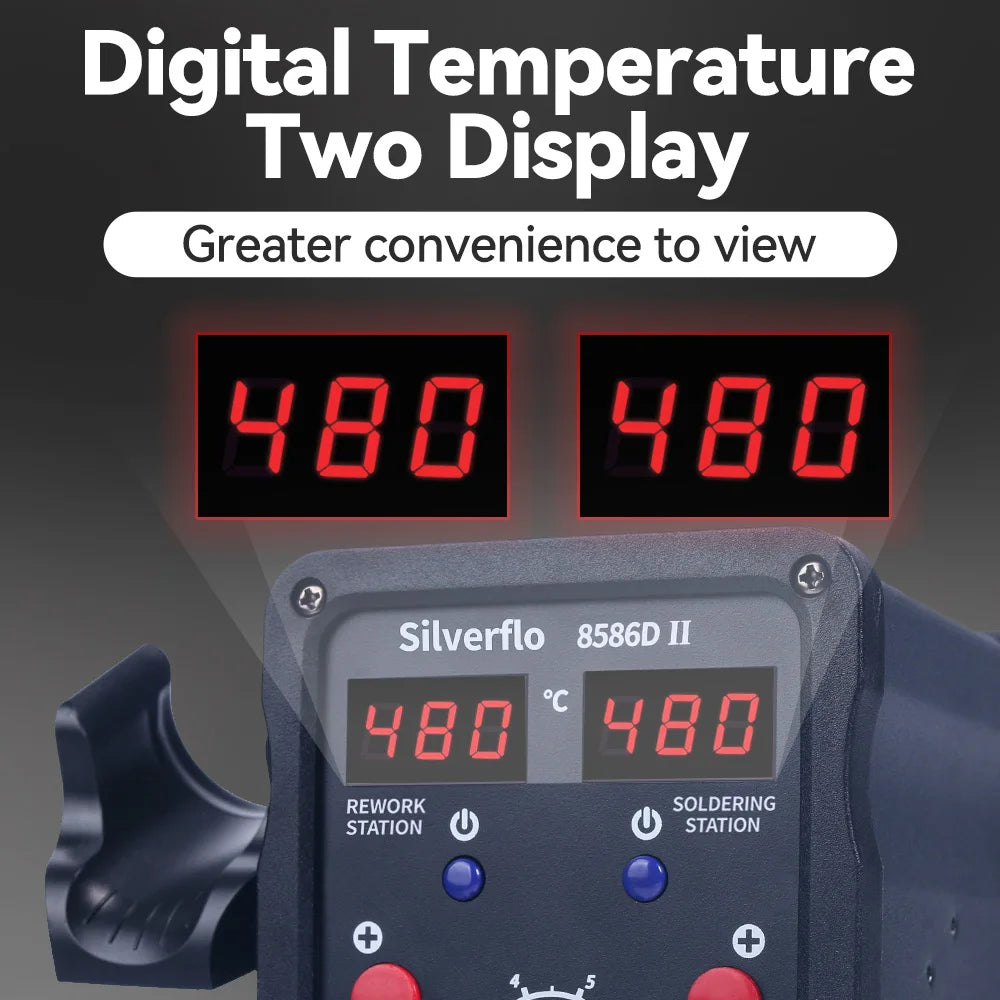 Silverflo 8586D Soldering Station 2 IN 1 Hot Air  Solder Station with 2 Digital display,10-Minute Sleep Mode for SMD Rework
