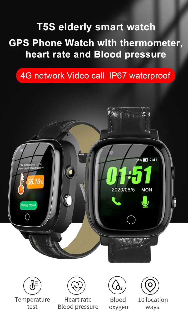 Smart Watch for Elderly Fall Detection GPS Positioning 4G SIM Card SOS Phone Call Heart Rate T