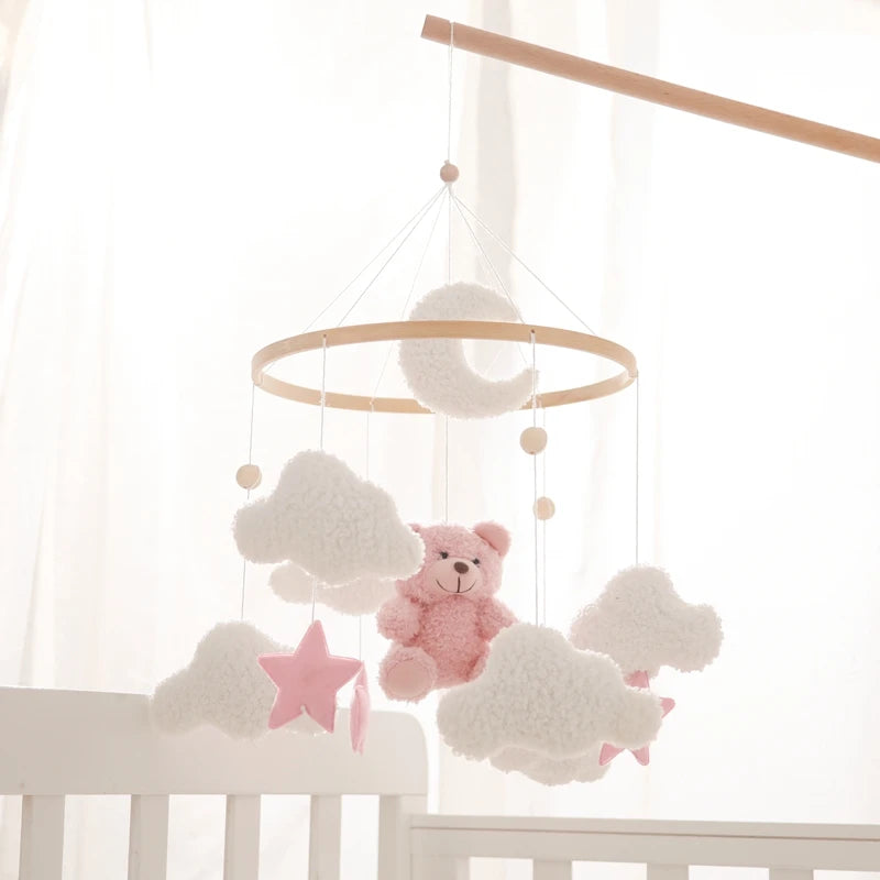 Baby Crib Mobile Rattle Toy Wooden Bed Bell Mobile Hanging Teddy Velvet Bear Doll Toy Newborn Music Box Crib Mobile Bracket Gift